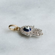Load image into Gallery viewer, RESERVED for S: Vintage 14K Yellow and White Gold Evil Eye and Hamsa Diamond Pendant
