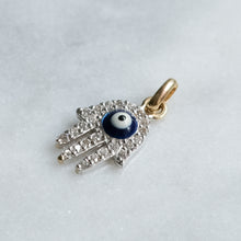 Load image into Gallery viewer, RESERVED for S: Vintage 14K Yellow and White Gold Evil Eye and Hamsa Diamond Pendant