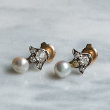 Load image into Gallery viewer, Victorian 14K Rose Gold and Silver Old Mine Cut Diamond Pearl Stud Earrings