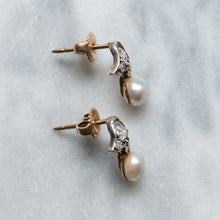 Load image into Gallery viewer, Victorian 14K Rose Gold and Silver Old Mine Cut Diamond Pearl Stud Earrings