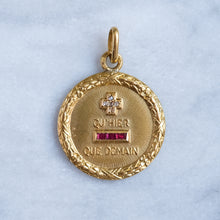 Load image into Gallery viewer, Vintage Large 1950s Round Laurel Wreath QU'HIER QUE DEMAIN Augis Pendant