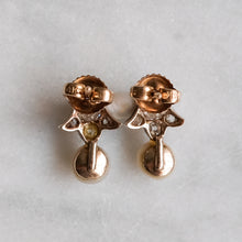 Load image into Gallery viewer, Victorian 14K Rose Gold and Silver Old Mine Cut Diamond Pearl Stud Earrings