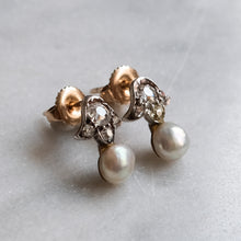 Load image into Gallery viewer, Victorian 14K Rose Gold and Silver Old Mine Cut Diamond Pearl Stud Earrings