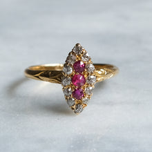 Load image into Gallery viewer, Victorian 18K Yellow Gold Diamond Ruby Navette Ring