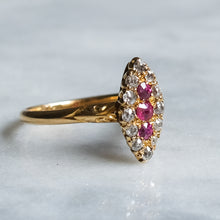 Load image into Gallery viewer, Victorian 18K Yellow Gold Diamond Ruby Navette Ring