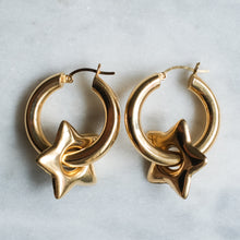 Load image into Gallery viewer, Vintage 14K Yellow Gold Puffy Star Hoop Earrings