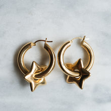 Load image into Gallery viewer, Vintage 14K Yellow Gold Puffy Star Hoop Earrings