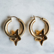 Load image into Gallery viewer, Vintage 14K Yellow Gold Puffy Star Hoop Earrings