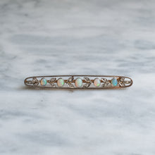Load image into Gallery viewer, Edwardian 15K Rose Gold Opal and Diamond Floral Bar Brooch
