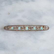 Load image into Gallery viewer, Edwardian 15K Rose Gold Opal and Diamond Floral Bar Brooch