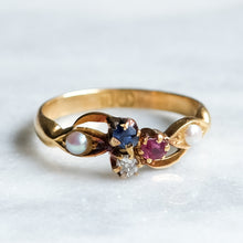 Load image into Gallery viewer, Art Nouveau 18K Yellow Gold Diamond, Ruby, Sapphire Clover and Pearl Trefoil Ring