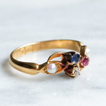 Load image into Gallery viewer, Art Nouveau 18K Yellow Gold Diamond, Ruby, Sapphire Clover and Pearl Trefoil Ring