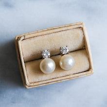 Load image into Gallery viewer, Vintage Cultured Pearl and Brilliant Cut Diamond Stud Earrings
