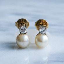 Load image into Gallery viewer, Vintage Cultured Pearl and Brilliant Cut Diamond Stud Earrings