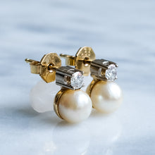 Load image into Gallery viewer, Vintage Cultured Pearl and Brilliant Cut Diamond Stud Earrings