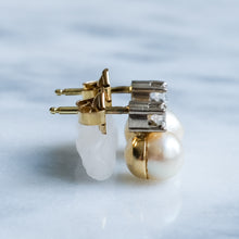 Load image into Gallery viewer, Vintage Cultured Pearl and Brilliant Cut Diamond Stud Earrings