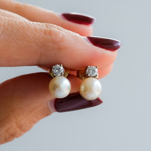 Load image into Gallery viewer, Vintage Cultured Pearl and Brilliant Cut Diamond Stud Earrings