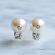 Load image into Gallery viewer, Antique Cultured Pearl and Old Cut Diamond Stud Earrings