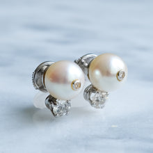 Load image into Gallery viewer, Antique Cultured Pearl and Old Cut Diamond Stud Earrings