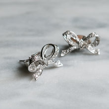 Load image into Gallery viewer, Vintage 18K White Gold Diamond Bow Stud Earrings