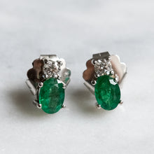 Load image into Gallery viewer, Vintage 18K White Gold Emerald Diamond Stud Earrings