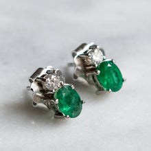 Load image into Gallery viewer, Vintage 18K White Gold Emerald Diamond Stud Earrings