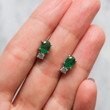 Load image into Gallery viewer, Vintage 18K White Gold Emerald Diamond Stud Earrings