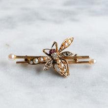 Load image into Gallery viewer, Victorian 15K Yellow Gold Pearl, Diamond and Ruby Insect Brooch