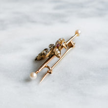 Load image into Gallery viewer, Victorian 15K Yellow Gold Pearl, Diamond and Ruby Insect Brooch
