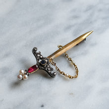 Load image into Gallery viewer, Antique 14-18K Yellow Gold with Silver Ruby, Sapphire, Diamonds and Pearl Sword Brooch