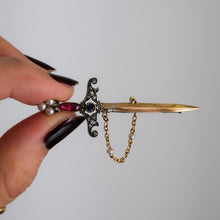 Load image into Gallery viewer, Antique 14-18K Yellow Gold with Silver Ruby, Sapphire, Diamonds and Pearl Sword Brooch