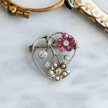 Load image into Gallery viewer, Antique Heart Shaped Floral Brooch with Diamonds, Pearls and Rubies