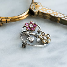 Load image into Gallery viewer, Antique Heart Shaped Floral Brooch with Diamonds, Pearls and Rubies