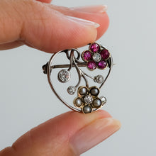 Load image into Gallery viewer, Antique Heart Shaped Floral Brooch with Diamonds, Pearls and Rubies