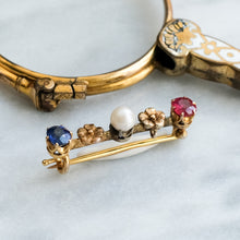 Load image into Gallery viewer, Antique Sapphire Pearl and Ruby Floral Bar Brooch
