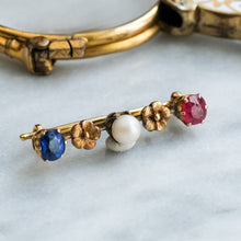 Load image into Gallery viewer, Antique Sapphire Pearl and Ruby Floral Bar Brooch