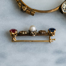 Load image into Gallery viewer, Antique Sapphire Pearl and Ruby Floral Bar Brooch