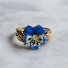 Load image into Gallery viewer, Art Nouveau 14K Yellow Gold Enamel Pansy with Diamond Ring