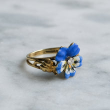Load image into Gallery viewer, Art Nouveau 14K Yellow Gold Enamel Pansy with Diamond Ring