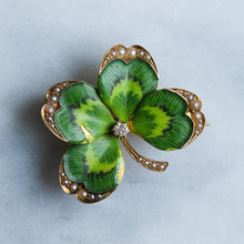 Load image into Gallery viewer, Antique Art Nouveau era Diamond, Pearl and Enamel Lucky Four Leaf Clover Pendant Brooch