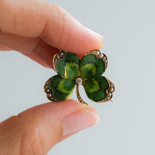 Load image into Gallery viewer, Antique Art Nouveau era Diamond, Pearl and Enamel Lucky Four Leaf Clover Pendant Brooch