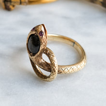 Load image into Gallery viewer, Antique Art Deco era Star Sapphire and Ruby Eyes Coiled Snake Ring
