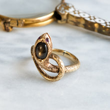 Load image into Gallery viewer, Antique Art Deco era Star Sapphire and Ruby Eyes Coiled Snake Ring