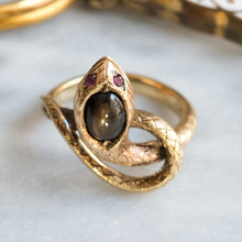 Load image into Gallery viewer, Antique Art Deco era Star Sapphire and Ruby Eyes Coiled Snake Ring