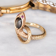 Load image into Gallery viewer, Antique Art Deco era Star Sapphire and Ruby Eyes Coiled Snake Ring