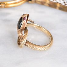 Load image into Gallery viewer, Antique Art Deco era Star Sapphire and Ruby Eyes Coiled Snake Ring