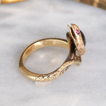 Load image into Gallery viewer, Antique Art Deco era Star Sapphire and Ruby Eyes Coiled Snake Ring