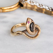 Load image into Gallery viewer, Antique Art Deco era Star Sapphire and Ruby Eyes Coiled Snake Ring