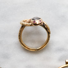 Load image into Gallery viewer, Antique Art Deco era Star Sapphire and Ruby Eyes Coiled Snake Ring