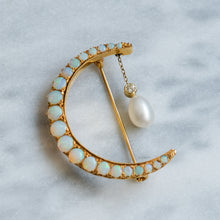 Load image into Gallery viewer, Vintage 9K Yellow Gold Opal, Diamond and Pearl Crescent Brooch